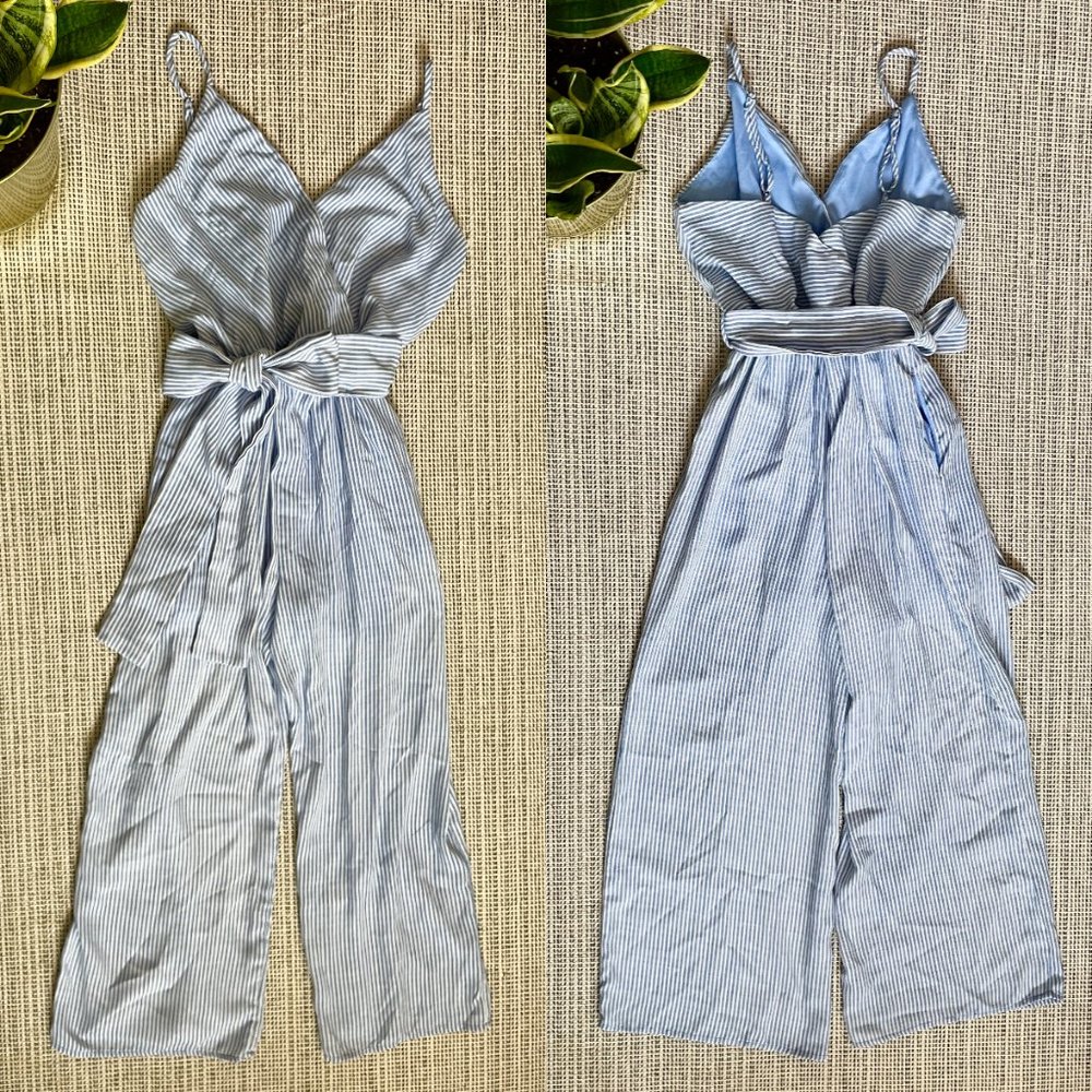 Sienna Sky blue & white striped wide leg jumpsuit